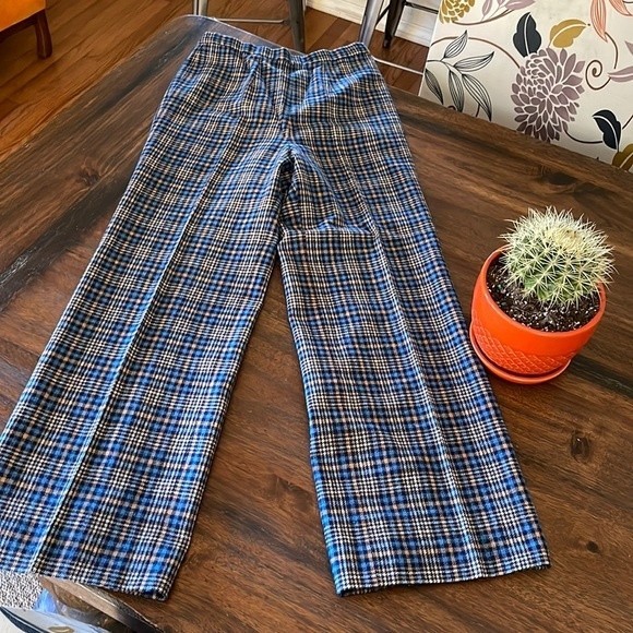 Pendleton Pants - Vintage Pendleton Wool Tan and Blue Plaid Pants Size 8